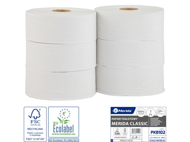 Papier toaletowy MERIDA CLASSIC , biały, średnica 23 cm, długość 340 m, jednowarstwowy,  zgrzewka 6 szt., ECOLABEL